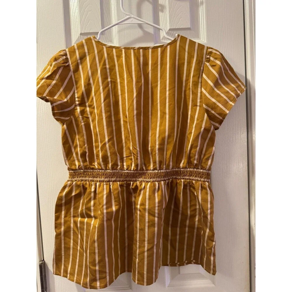 NWT LOFT Mustard White Striped Tie Front Peplum Top Sz L Coastal Resort Boho